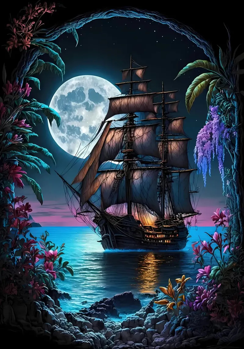 Nave pirata al chiaro di luna poster con telaio in legno da Mikesell