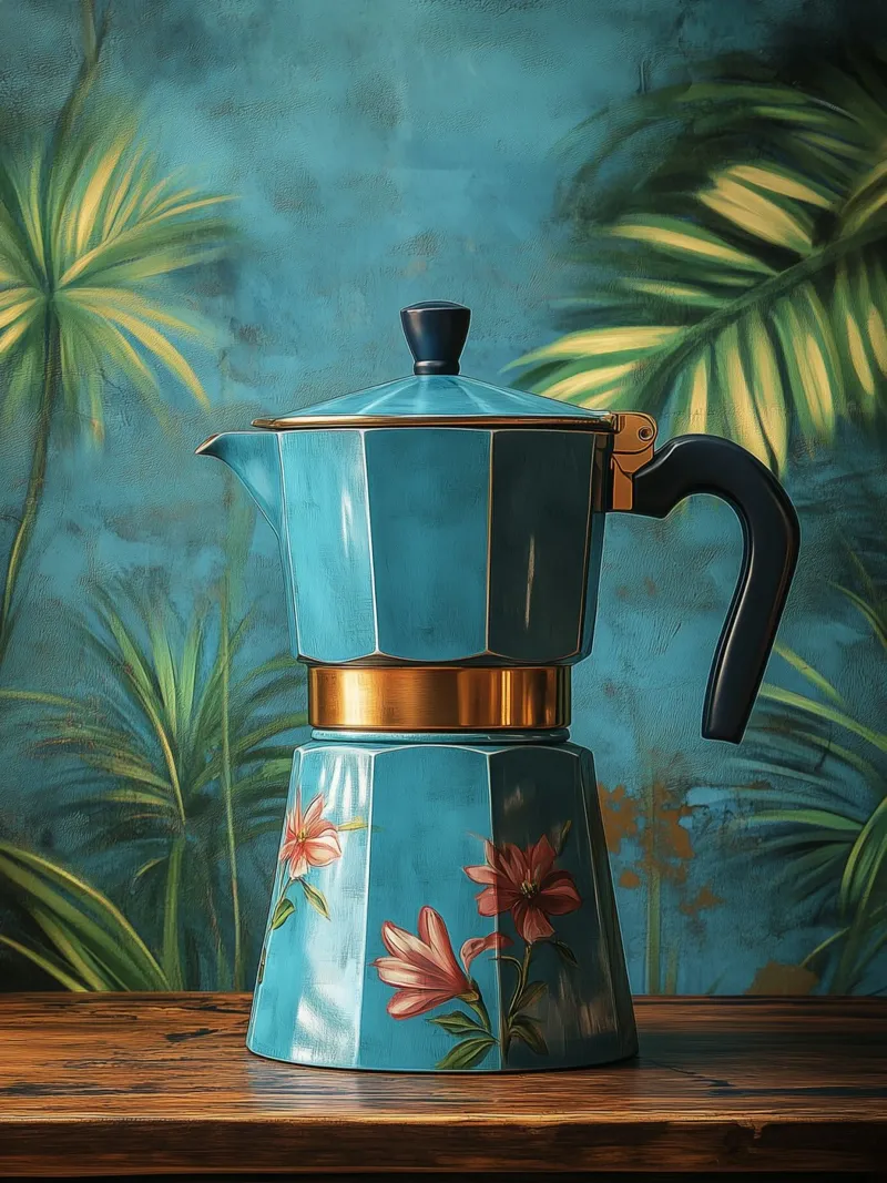 Blaue Blumenkaffeekanne Leinwand mit Schattenfugenrahmen von Spice & Style