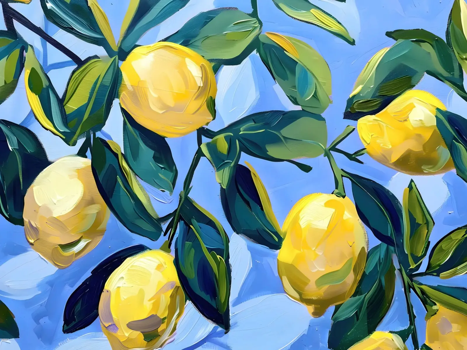 Lemons with leaves and blue background canvas by Yaso Design & Art