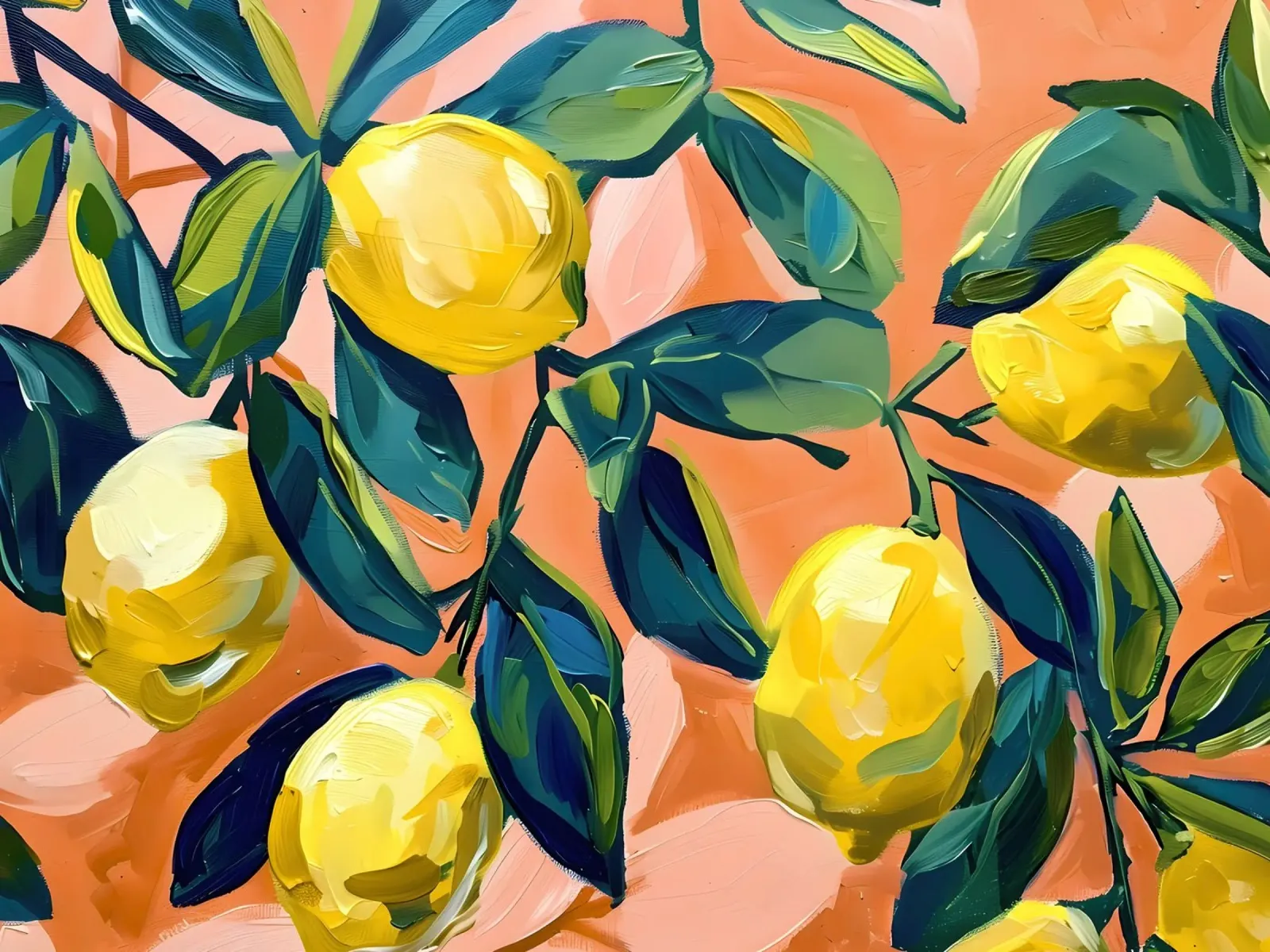 Zitronen mit Blättern und orangem Hintergrund Hahnemühle von Yaso Design & Art