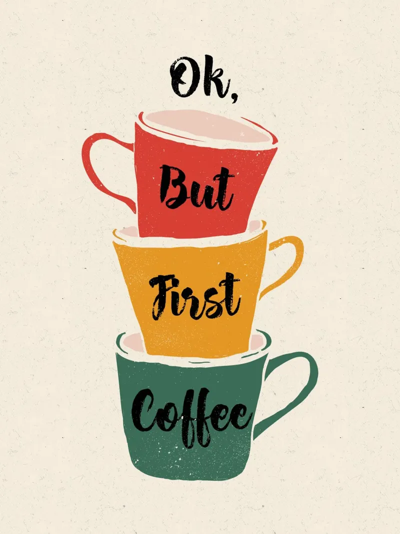 Ok, ma prima il caffè - Arte delle tazze impilate poster con telaio in legno da showmemars