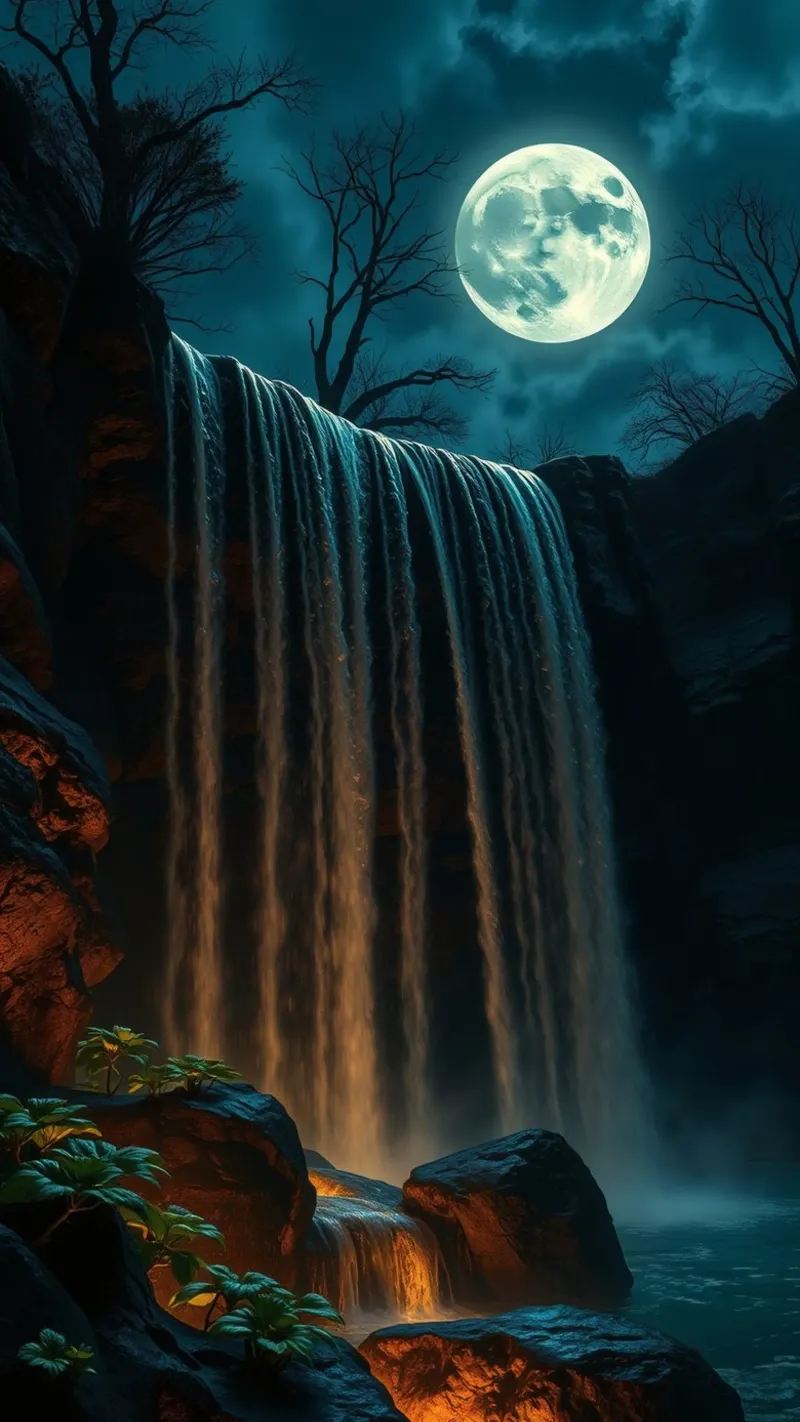 Cascata illuminata dalla luna che si getta sulle rocce in una notte serena pellicola backlit da DesignDoodle