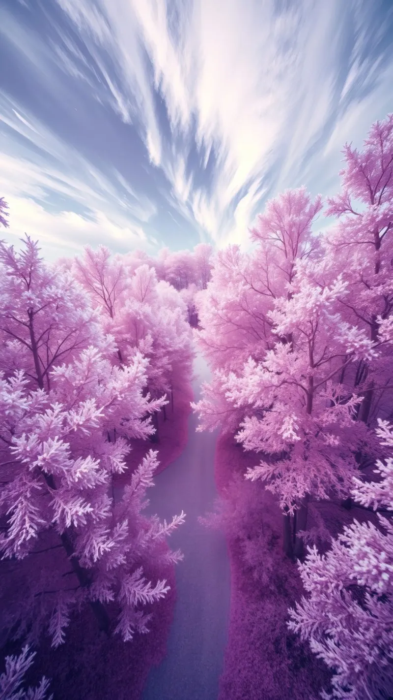 Alberi rosa e viola vibranti che costeggiano un sentiero sereno poster con telaio in plastica da DesignDoodle