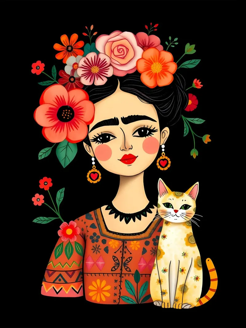 RITRATTO DI FRIDA KAHLO CON GATTO poster con telaio in alluminio da COLLEEN CRAFTS