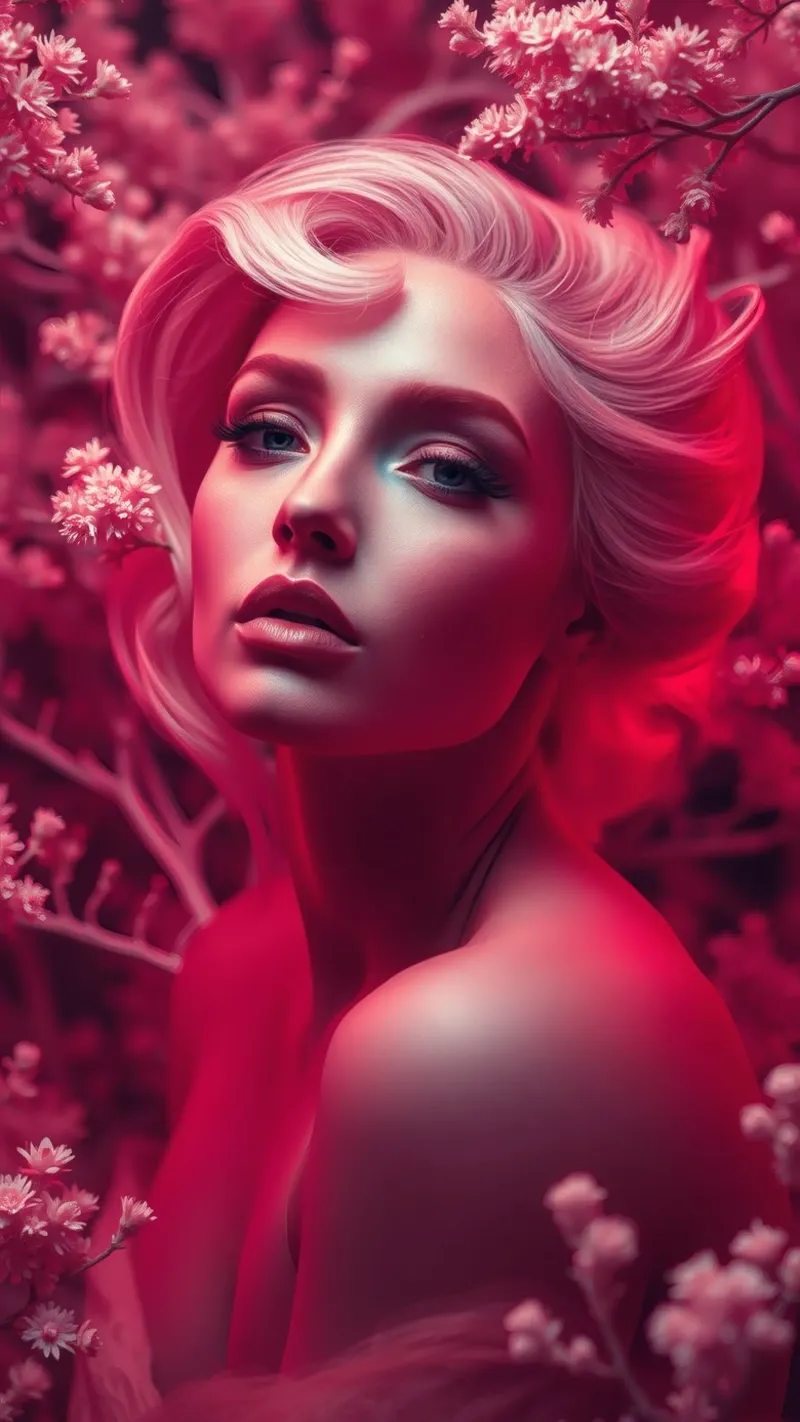 Donna splendida con acconciatura elegante circondata da fiori pellicola backlit da DesignDoodle