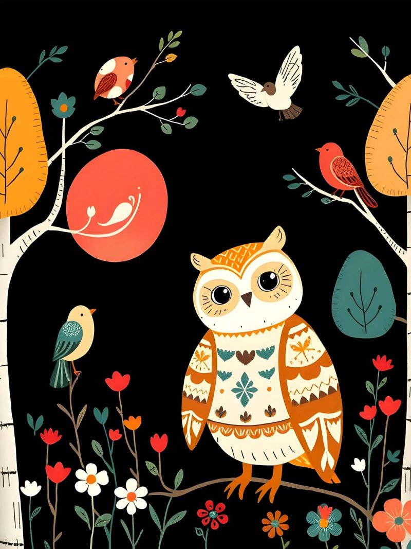 GUFO NELLA FORESTA CON UCCELLI pellicola backlit da COLLEEN CRAFTS