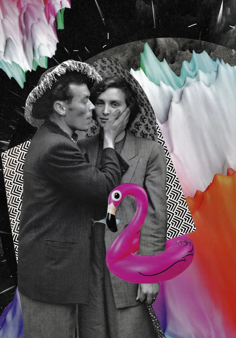 Collage - Liebespaar in einer Traumlandschaft Poster von Nadine Ginzel