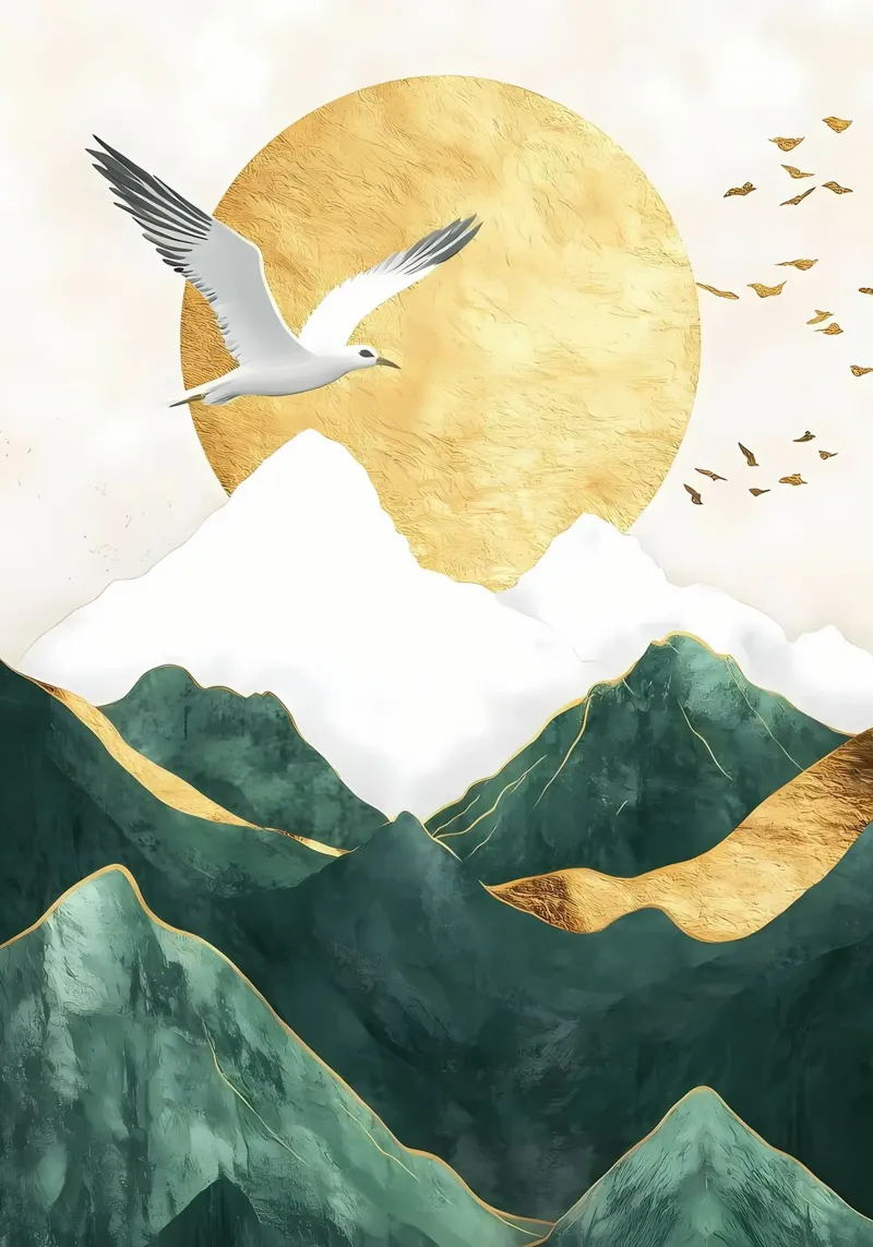 Paesaggio della montagna d'oro poster con telaio in alluminio da Ginnery