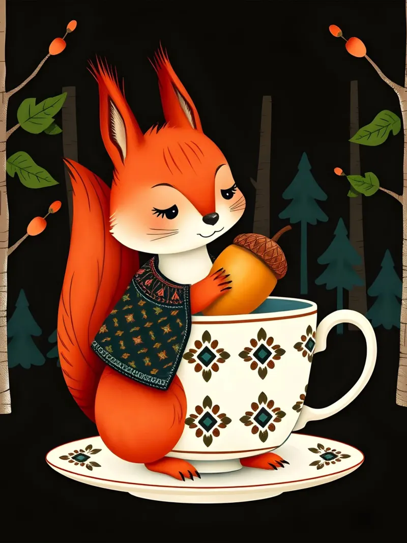 SQUIRREL WITH ACORN IN TEACUP canvas by COLLEEN CRAFTS