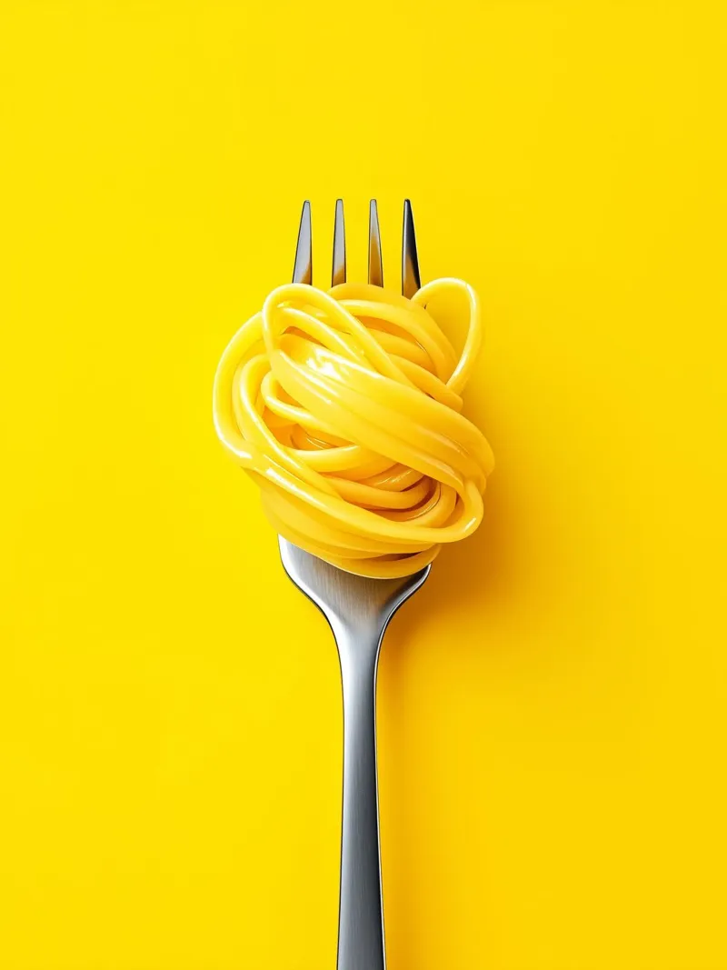 Spaghetti su sfondo giallo poster con telaio in alluminio da Spice & Style