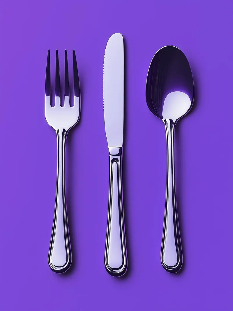 Posate d'argento su sfondo viola plexiglass da Spice & Style