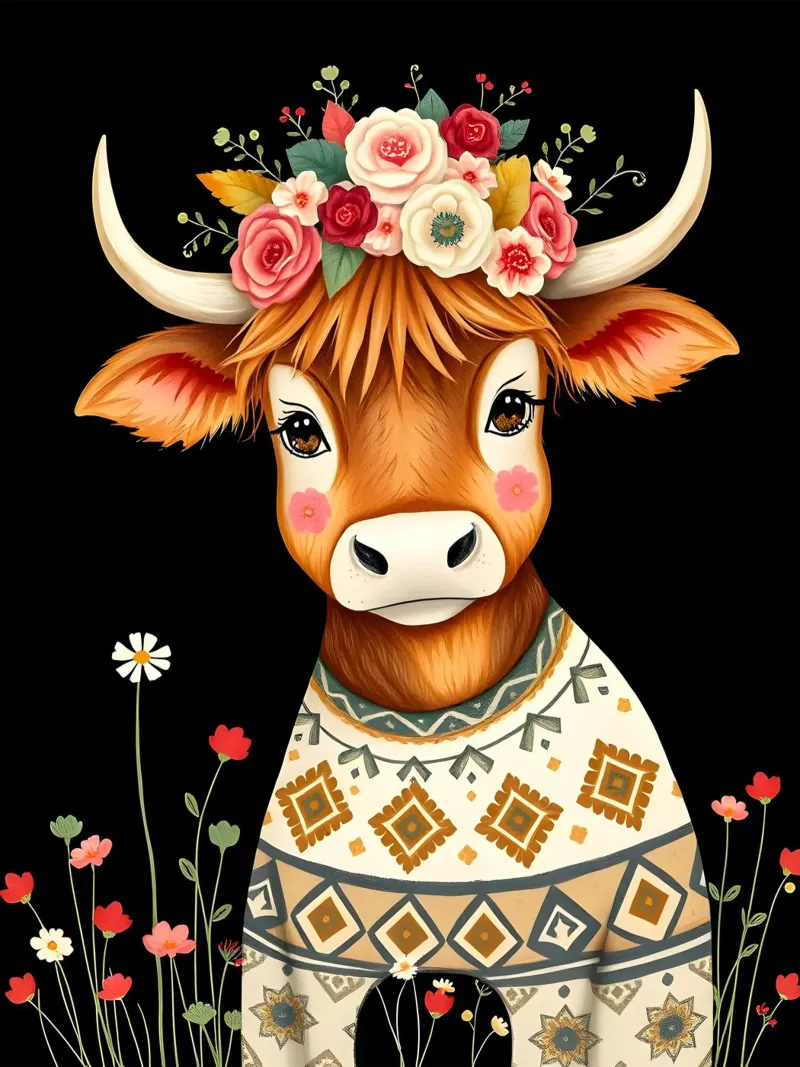 MUCCA HIGHLAND CON CORONA FLOREALE pellicola backlit da COLLEEN CRAFTS