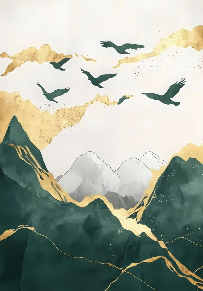 Paesaggio della montagna d'oro poster con telaio in alluminio da Ginnery