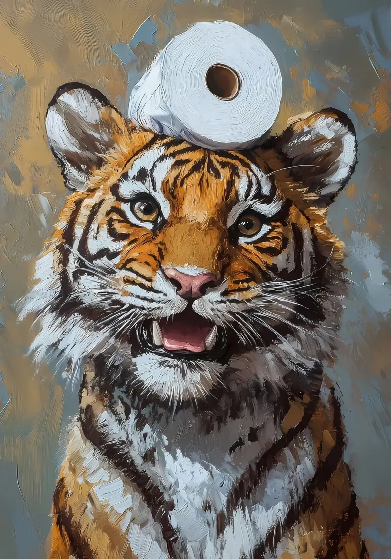 Tiger mit Toilettenpapier Alu-Dibond von Ginnery