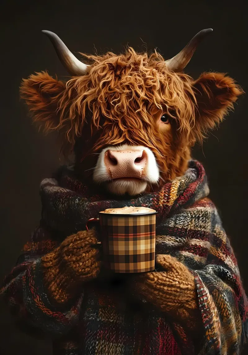 Mucca Highland con caffè caldo pellicola backlit da Ginnery