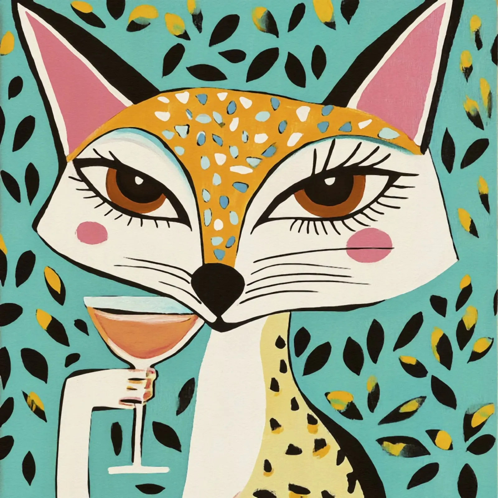 Cocktail da bere con una volpe stravagante poster con telaio in alluminio da Modern Muse
