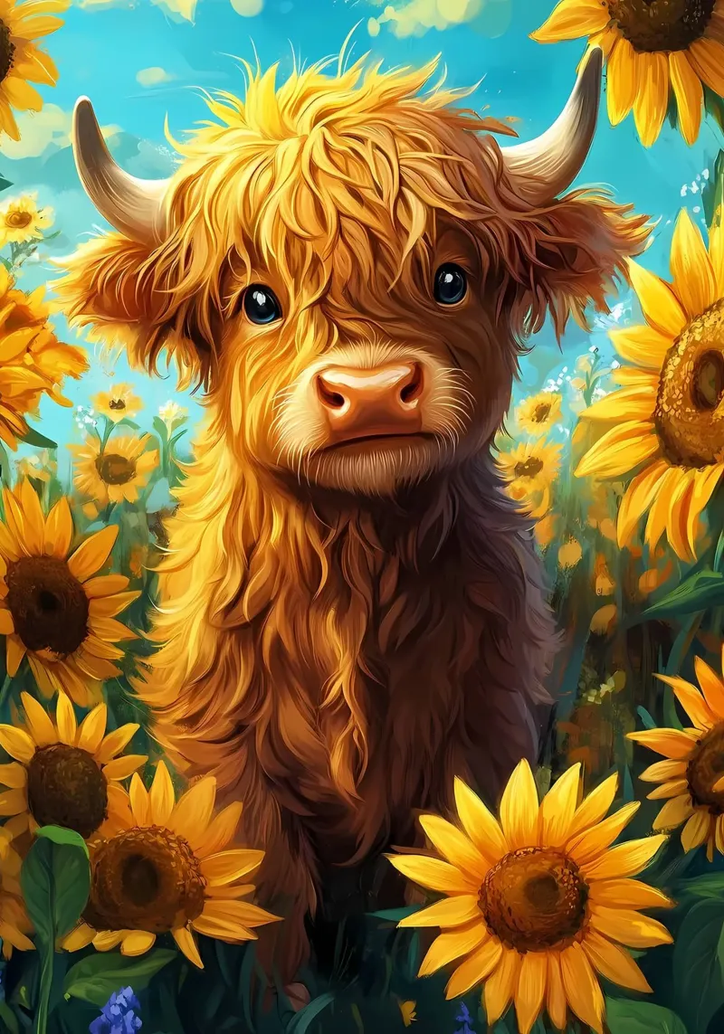 Bambino di mucca Highland in un campo di girasoli pellicola backlit da Ginnery
