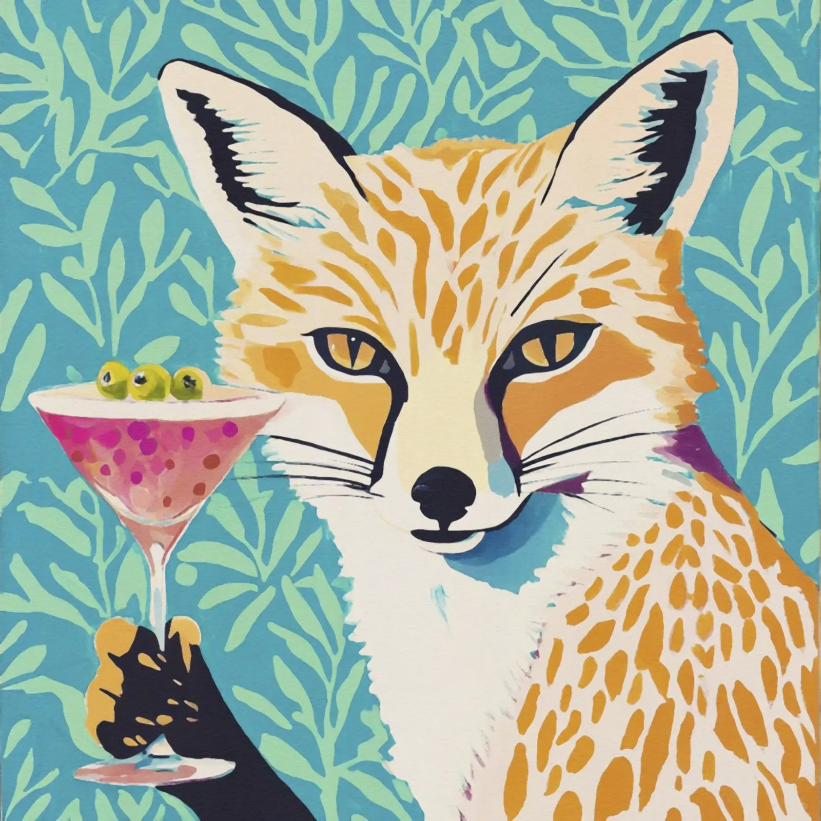 Whimsical 60ies Fox with a Martini canvas with Floater frame by Modern Muse