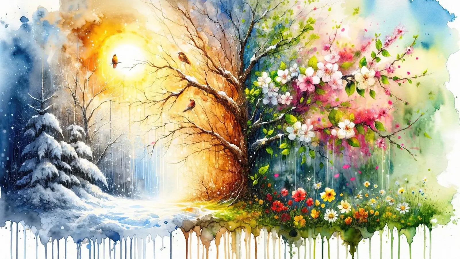 Dall'inverno all'estate in acquerello poster con telaio in legno da Chromatic Fusion Studio