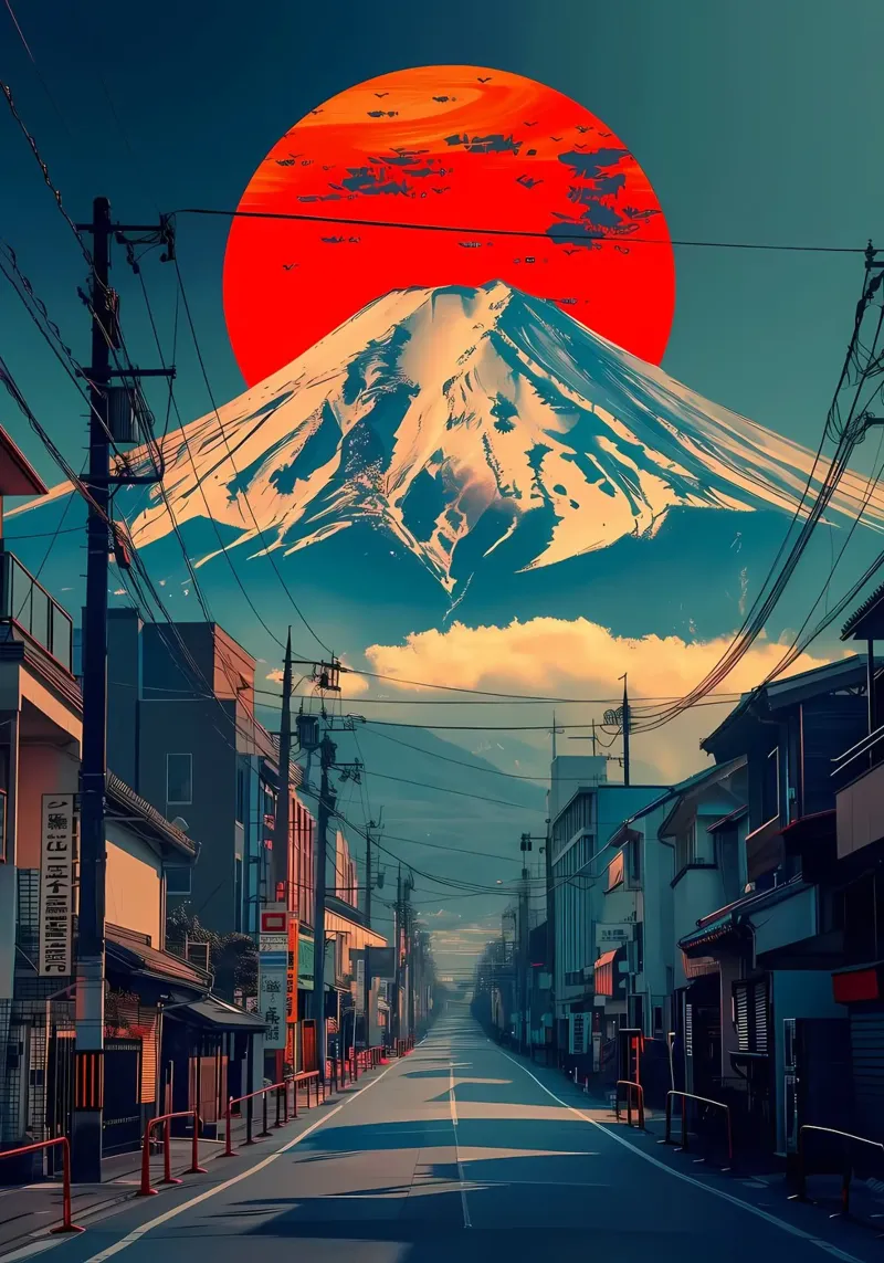 Città retrò del Monte Fuji pellicola backlit da Ginnery
