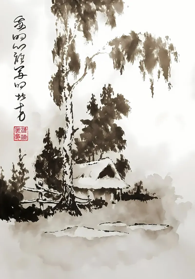 Retro Japans dorp canvas met Baklijst van Mikesell