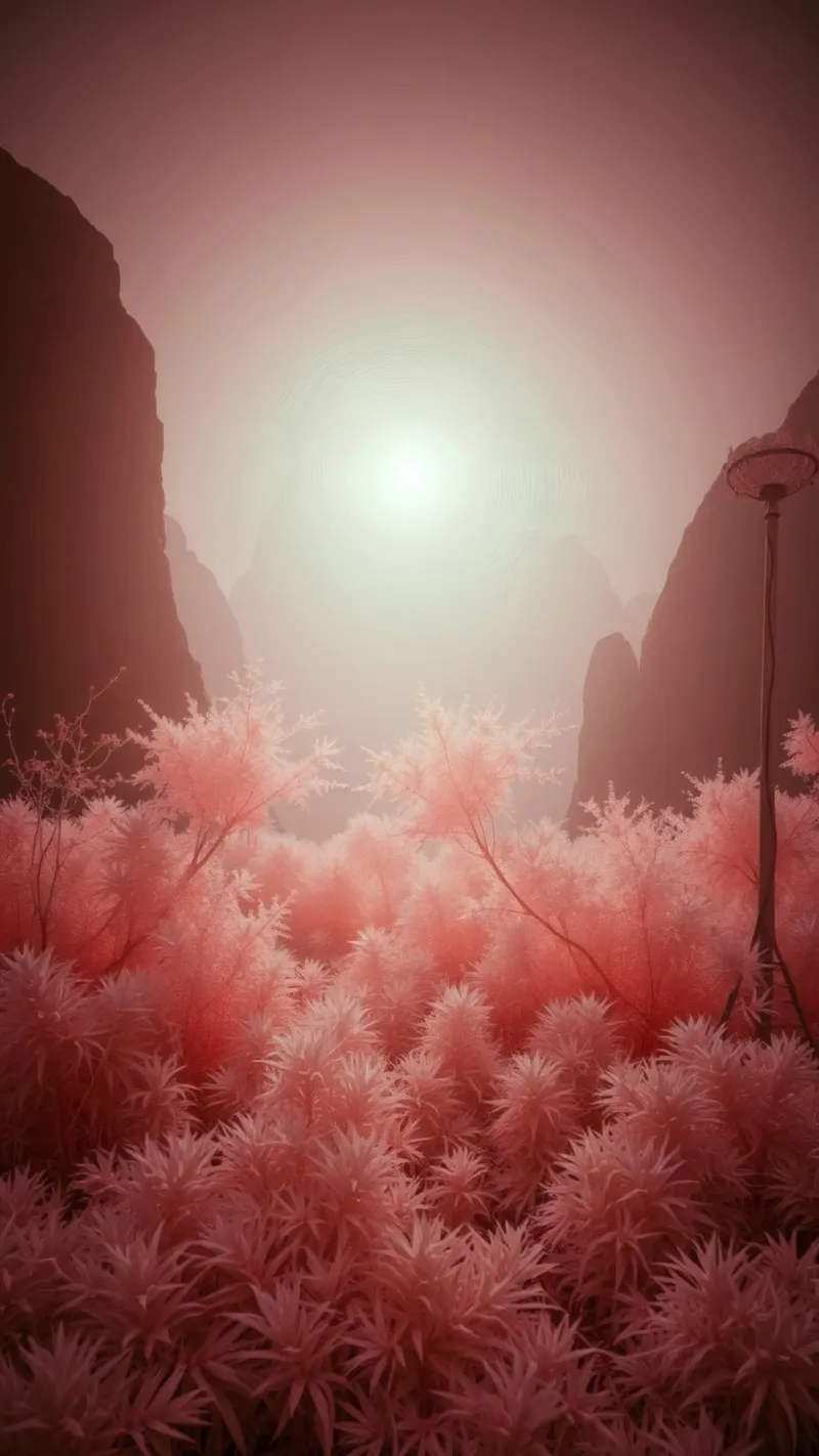 Stupefacente fogliame rosa surreale e montagne nebbiose tela con Cornice a cassetta da DesignDoodle