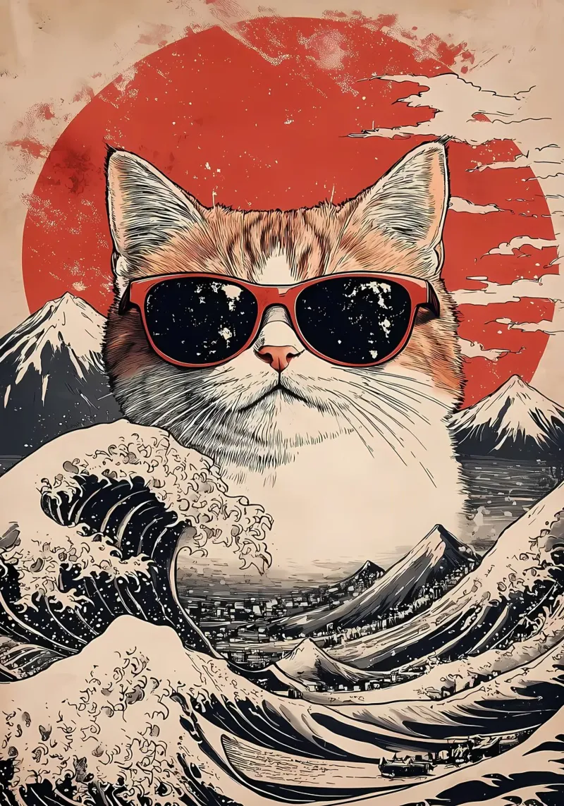Cool Cat At the Great Wave canvas with Floater frame by Ginnery