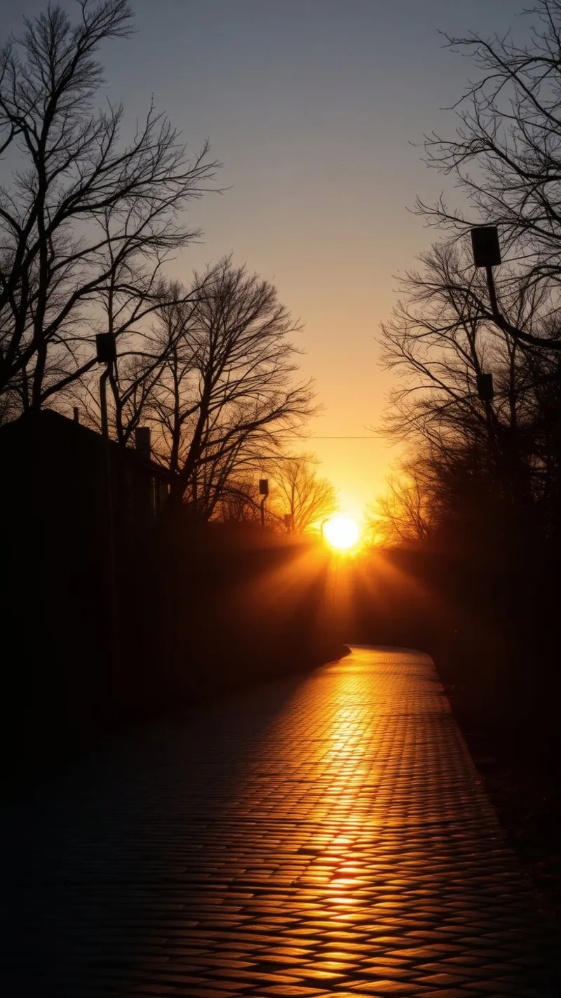 Sunset view along a tree-lined pathway with warm hues canvas by DesignDoodle