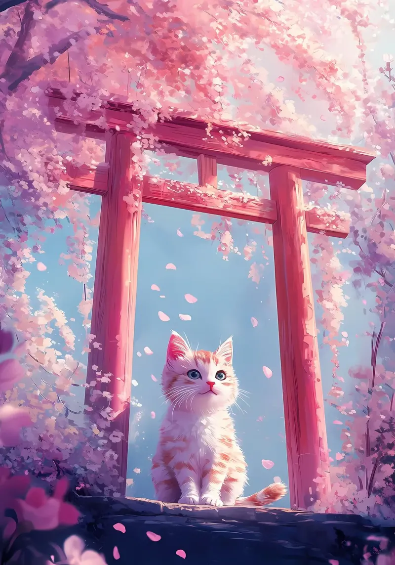 Gatto in fiore di ciliegio Torii pellicola backlit da Ginnery