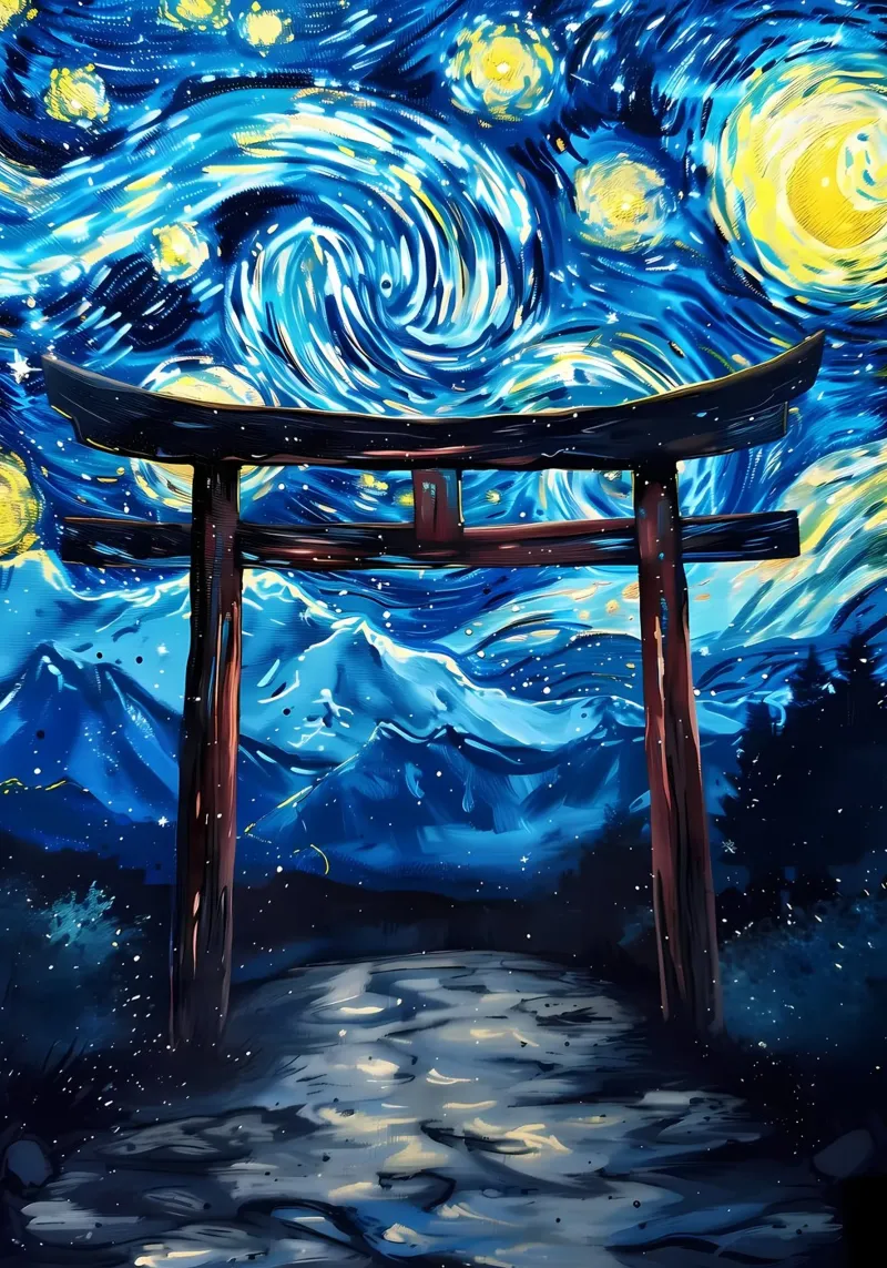Porta Torii Notte Stellata tela con Cornice a cassetta da Ginnery