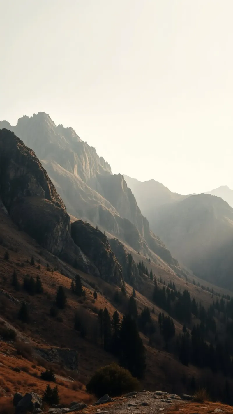 Vue majestueuse sur les montagnes avec des sommets embrumés sous un doux soleil hahnemühle de DesignDoodle