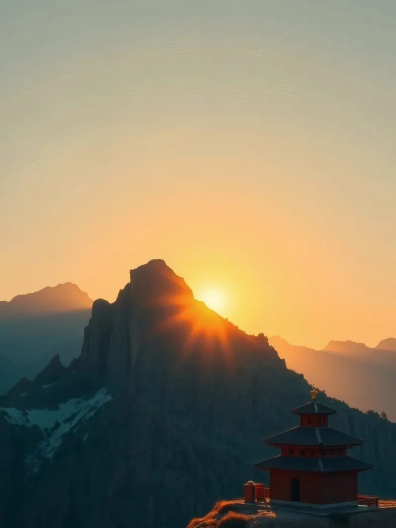 Sunset view over mountains with traditional structure canvas by DesignDoodle