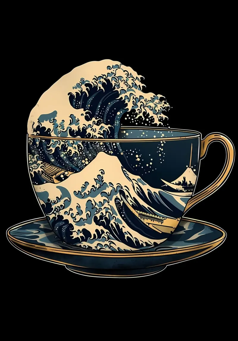 La grande onda del caffè poster con telaio in alluminio da Ginnery