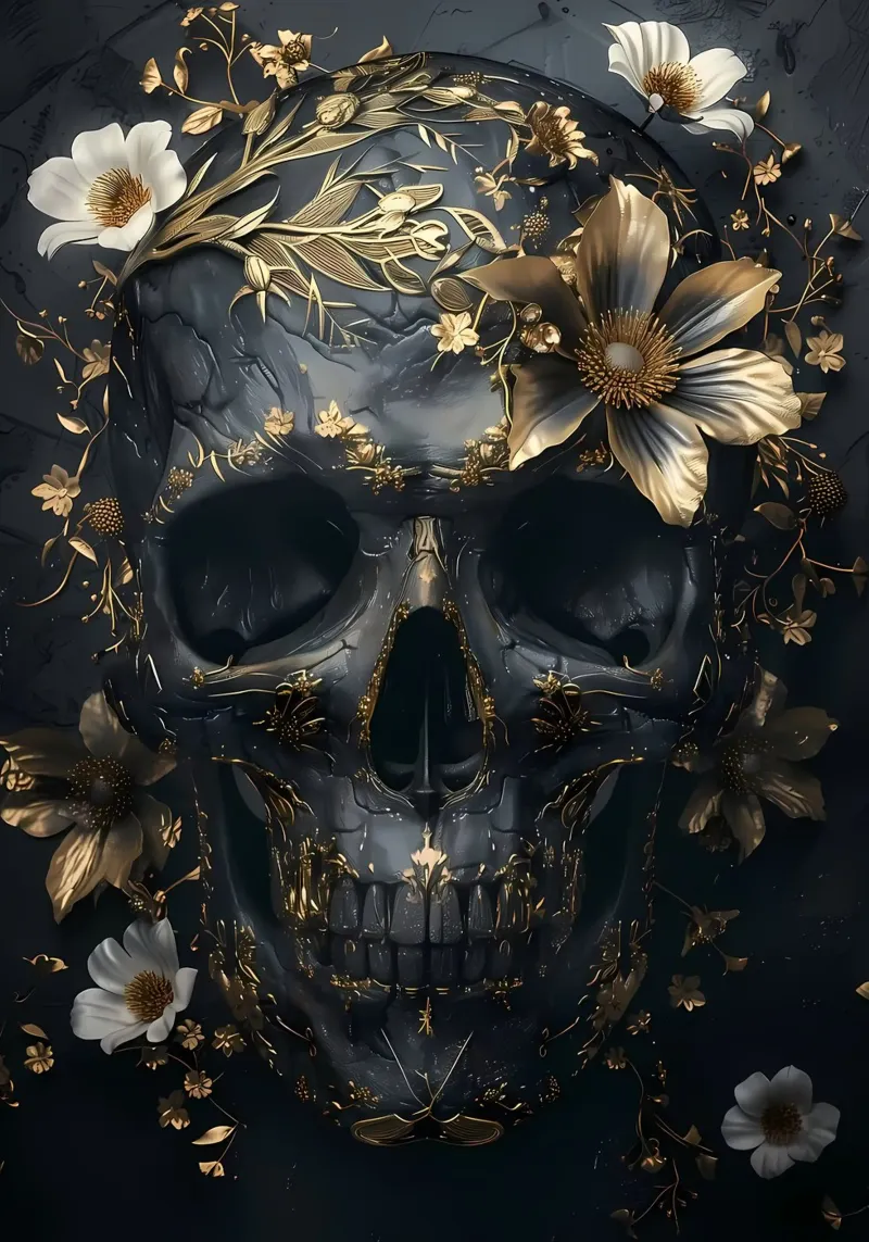 Cráneo negro dorado Flores poster con marco de madera de Ginnery