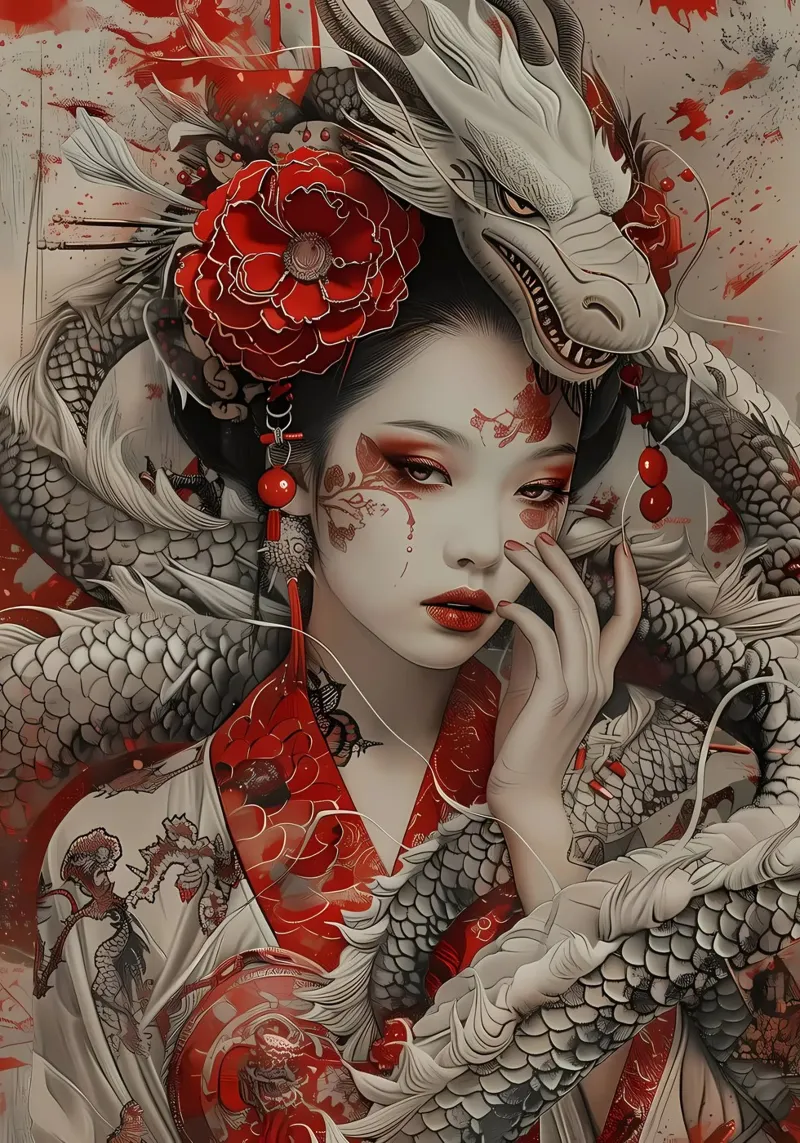Geisha Samurai giapponese poster con telaio in plastica da Ginnery