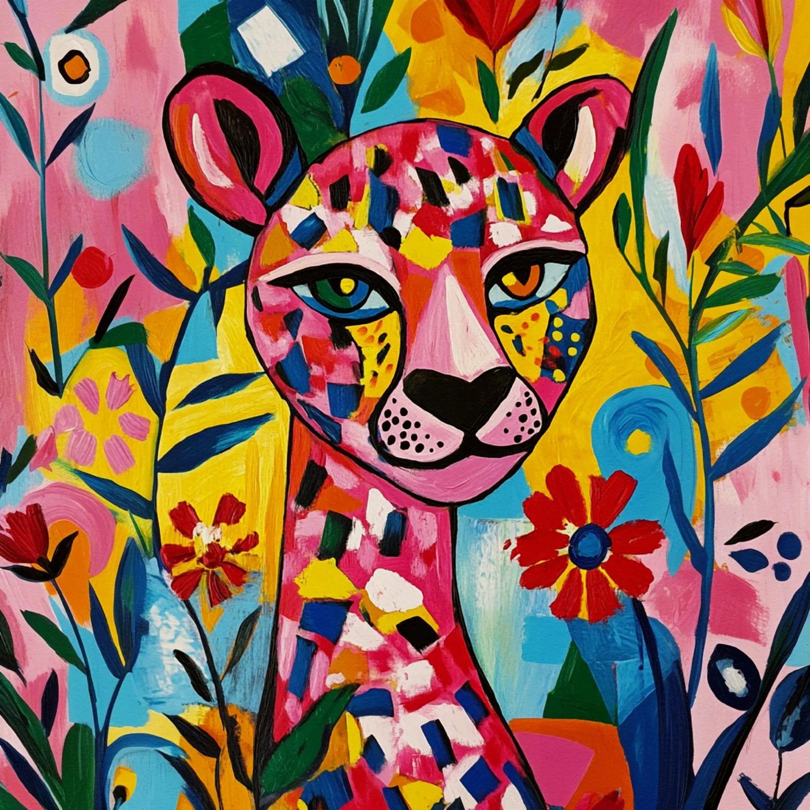 Kubistischer Tiger in einem bunten Blumengarten Poster von Modern Muse