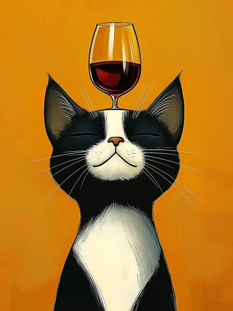 Gatto e bicchiere di vino poster con telaio in legno da Spice & Style