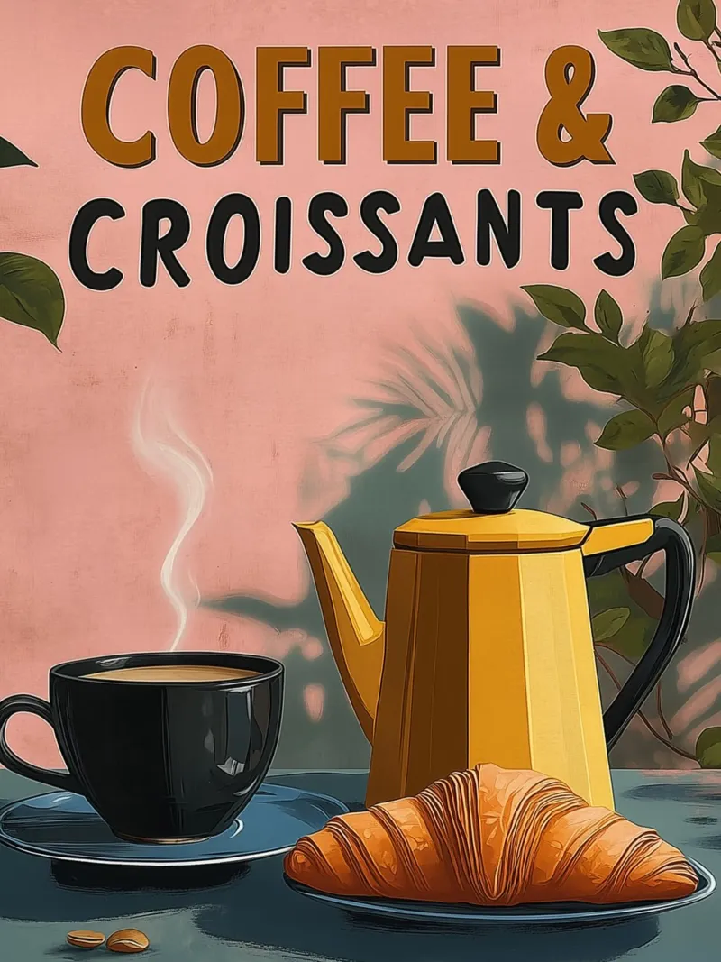 Caffè e croissant poster con telaio in legno da Spice & Style