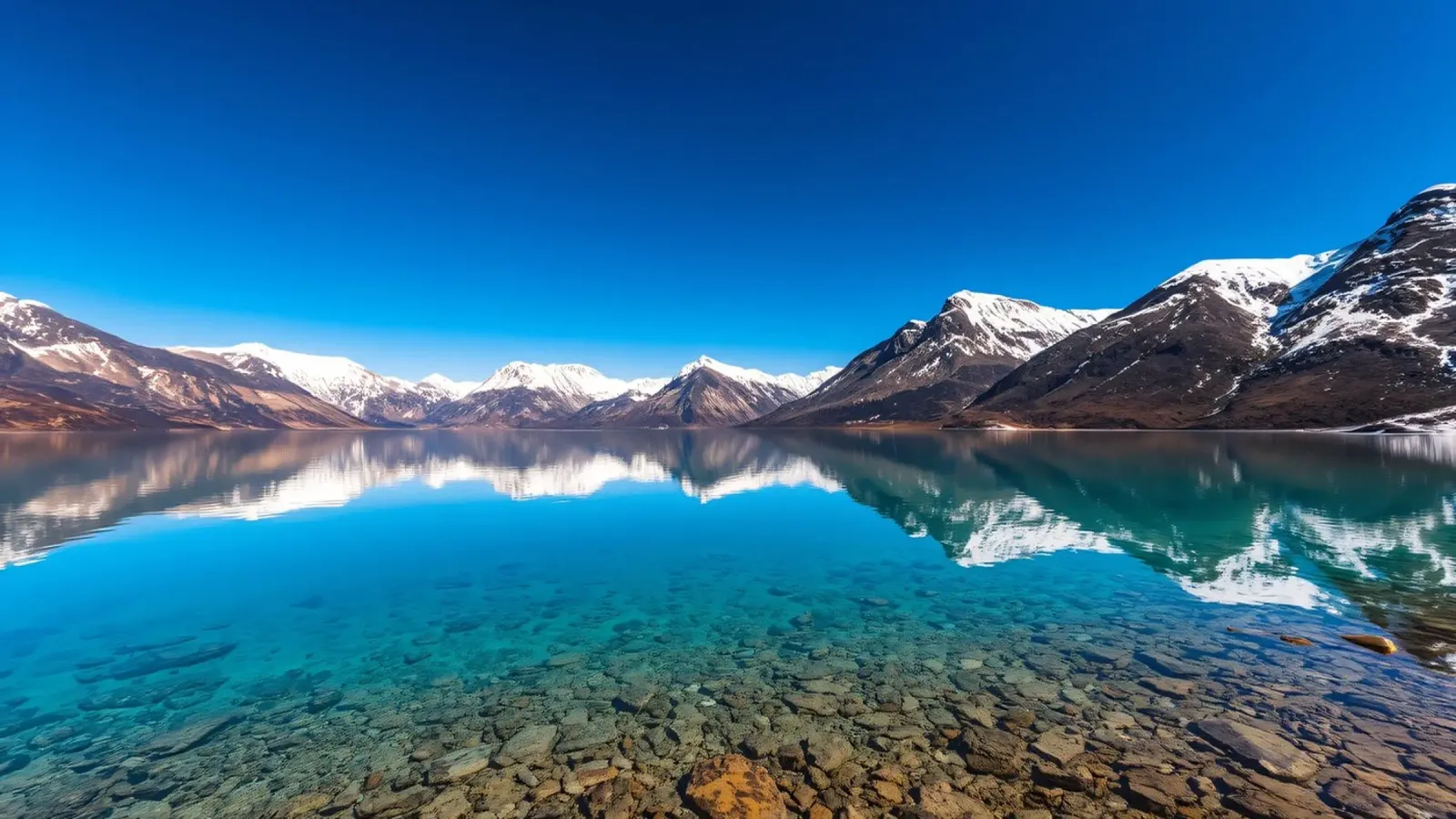 view of a serene lake surrounded by snow-capped mountains canvas by DesignDoodle
