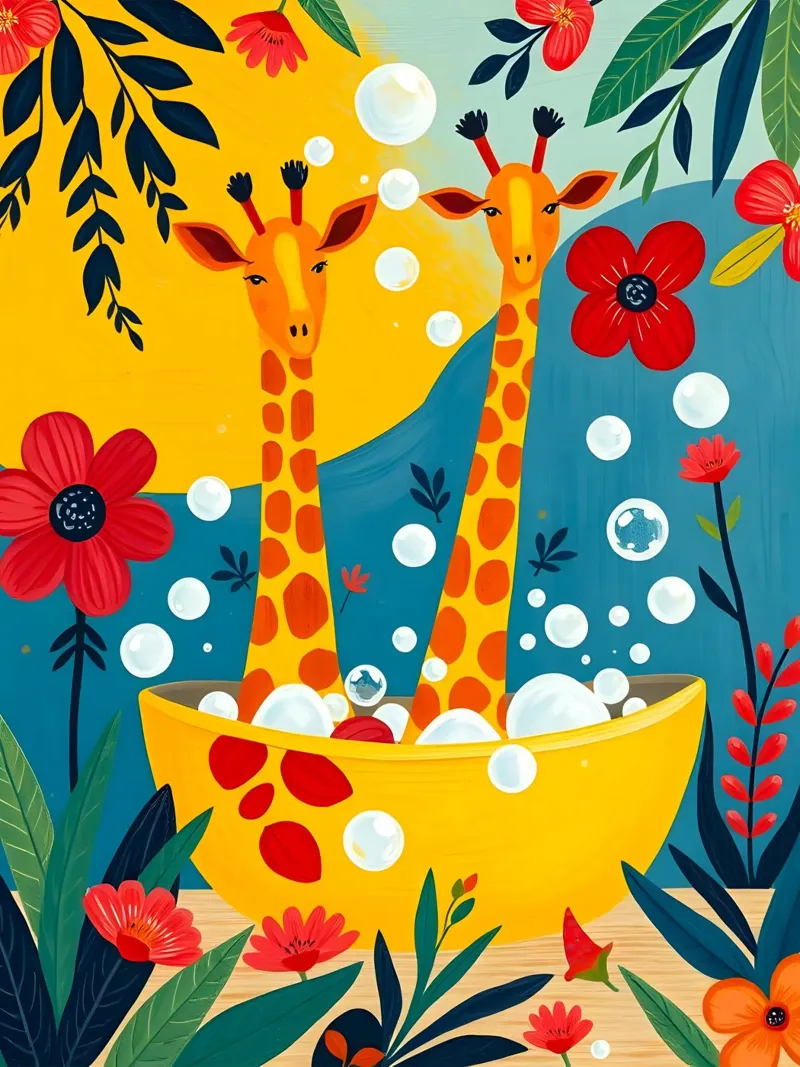 GIRAFFEN IN BAD canvas van ARTOMATIC