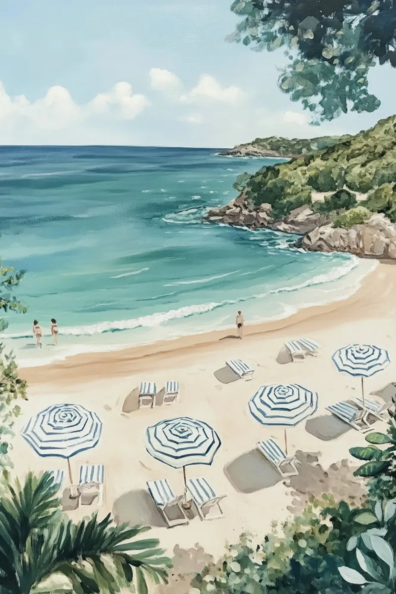 Spiaggia tranquilla con ombrelloni bianchi e blu pellicola backlit da Melloi Art Print