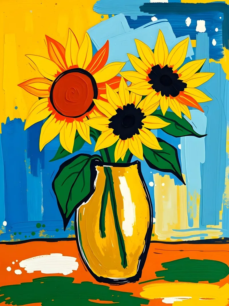 Sonnenblumen In Vase Stillleben Gemälde Poster von ARTOMATIC
