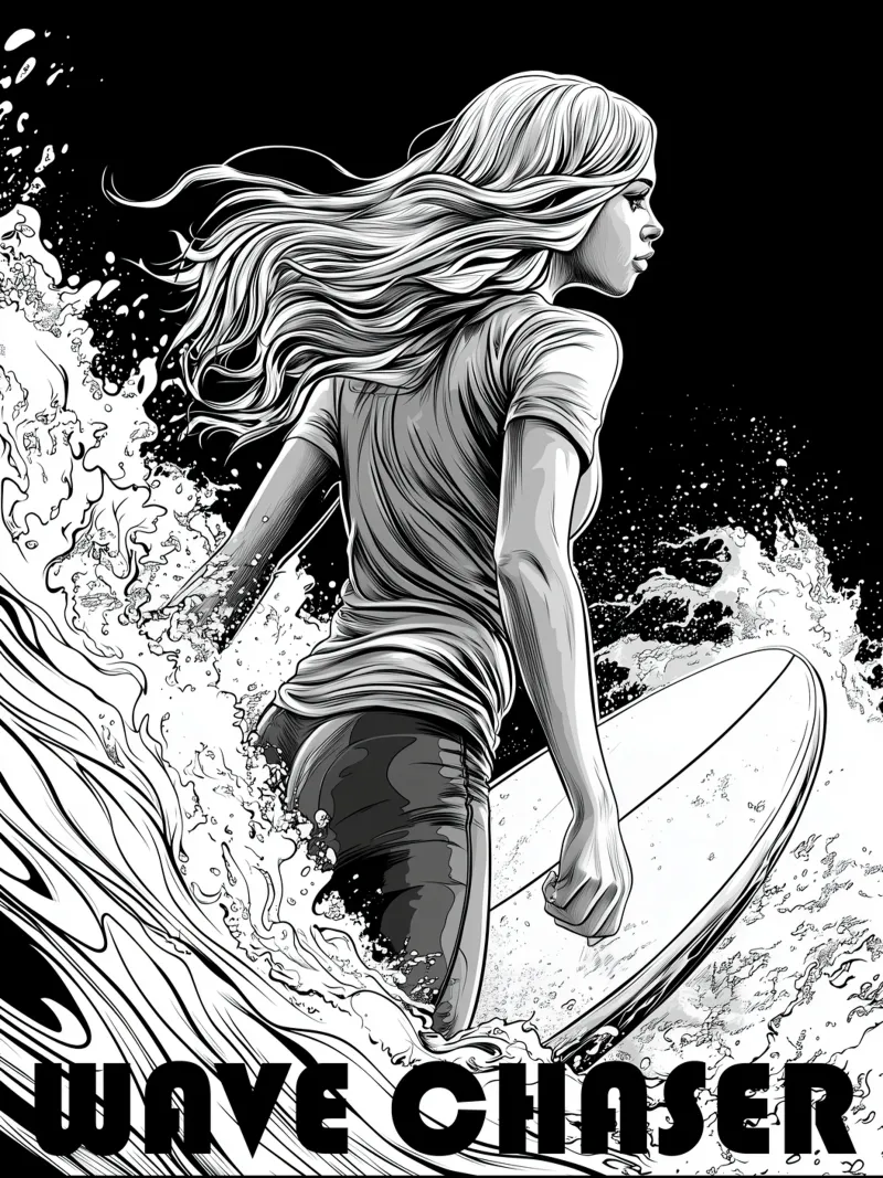 Wave Chaser | Surf Girl Line Art poster con telaio in plastica da Autofocus