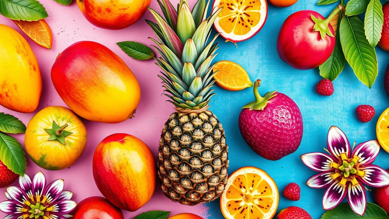 Vibrante composizione di frutta tropicale su sfondo colorato poster da DesignDoodle