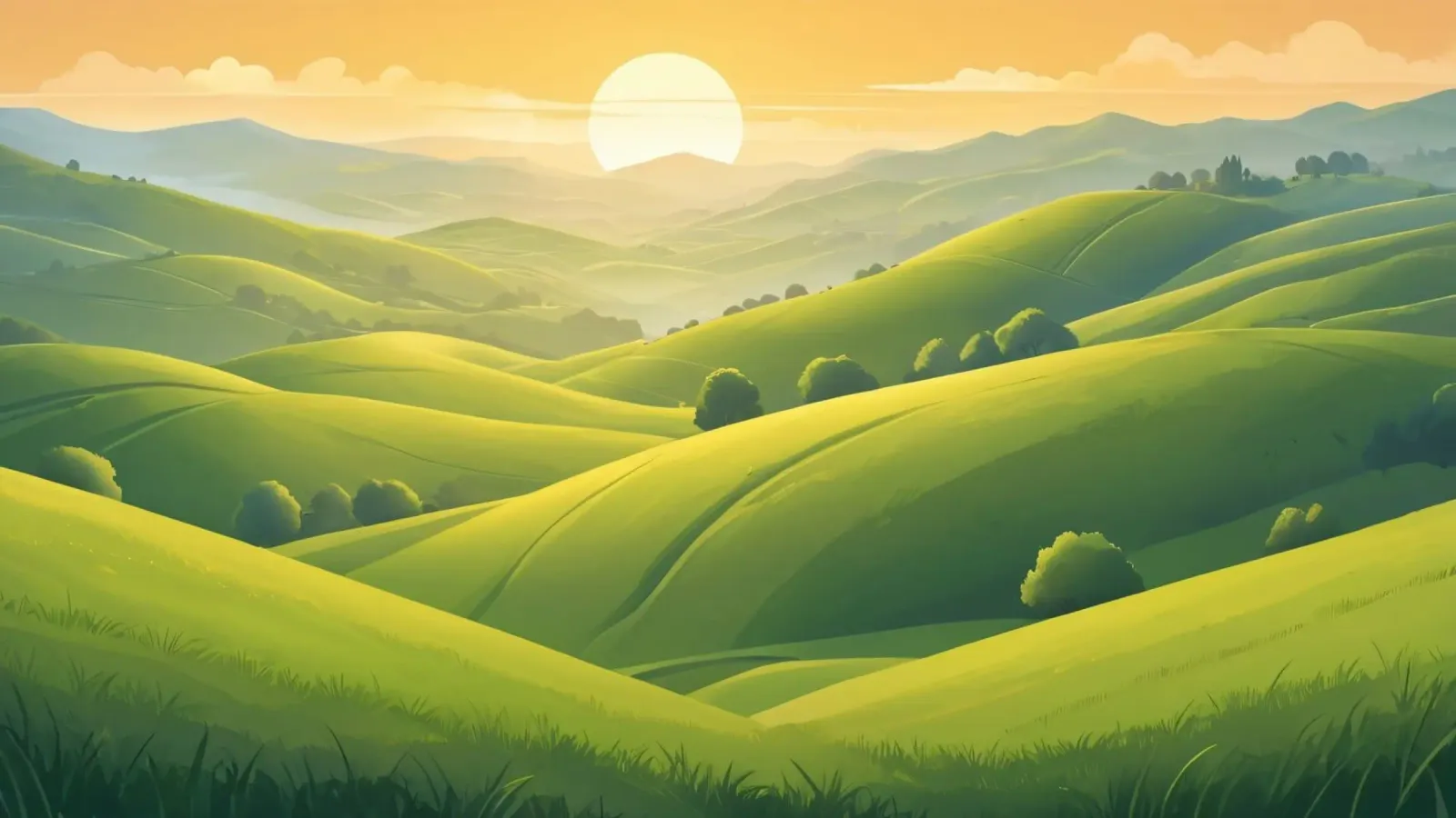 Il paesaggio sereno è caratterizzato da colline verdeggianti e da un caldo tramonto pellicola backlit da DesignDoodle