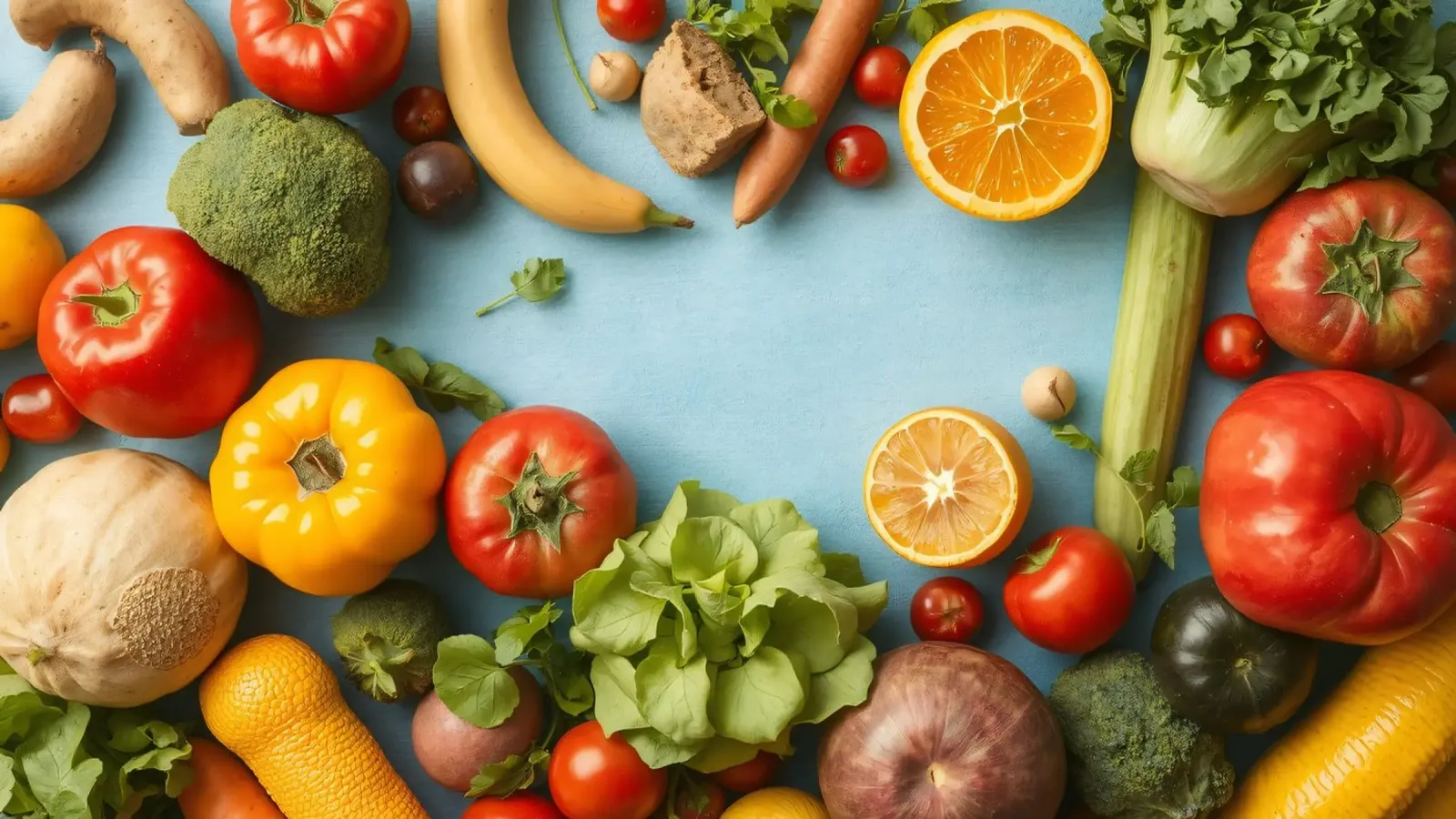 verdure fresche e frutta su sfondo blu Copy space pellicola backlit da DesignDoodle