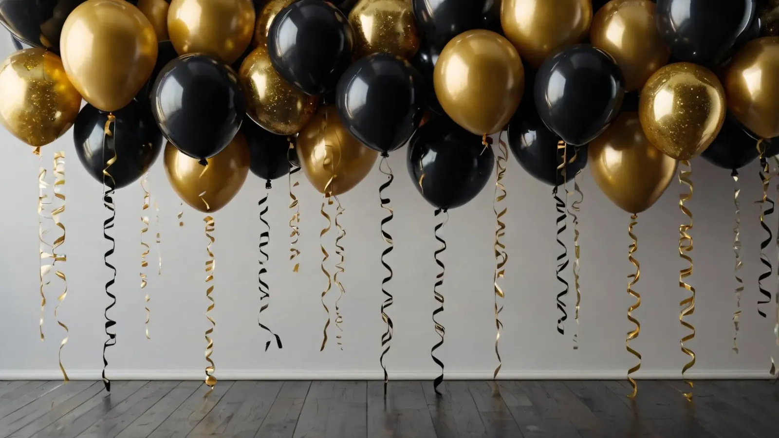 Fondale per festeggiamenti con palloncini neri e oro pellicola backlit da DesignDoodle