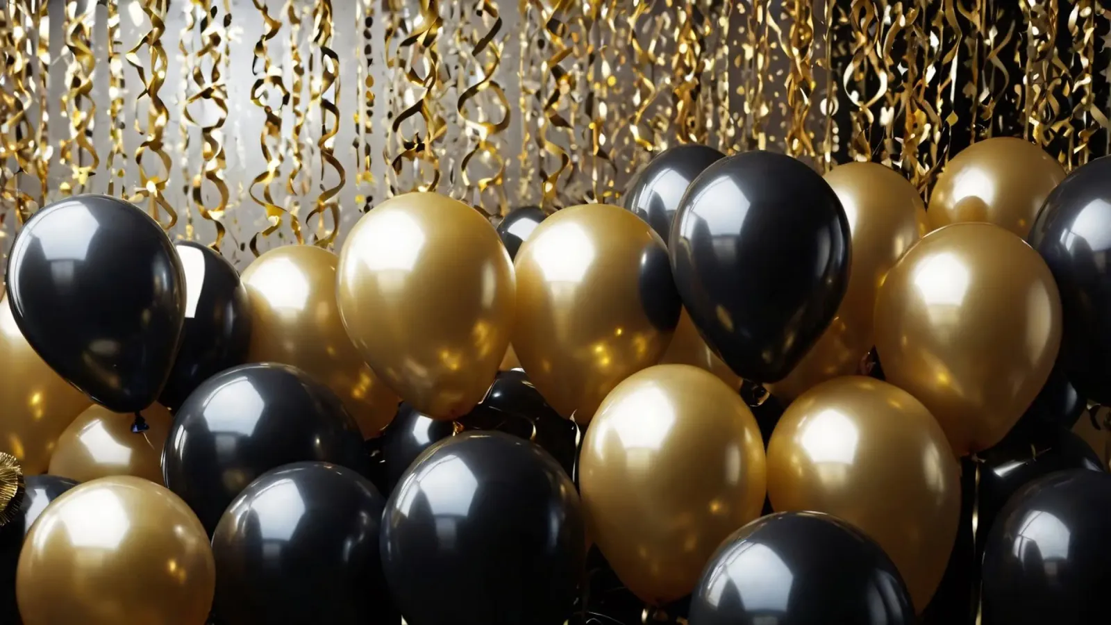 Vibrante composizione di palloncini neri e oro pellicola backlit da DesignDoodle