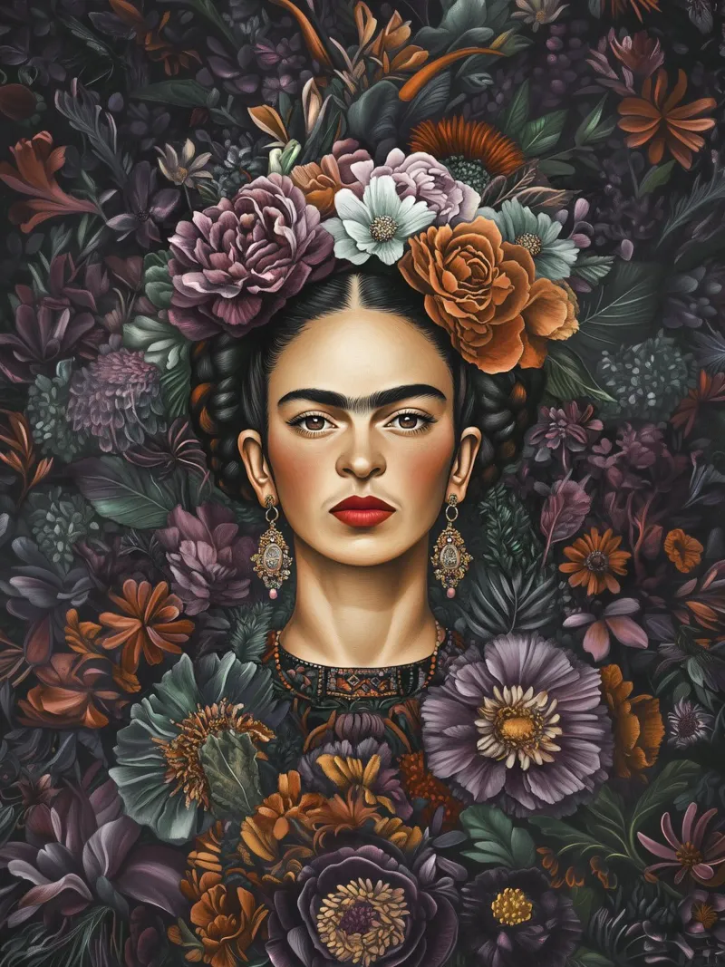 Frida Kahlo - braunes florales Muster Leinwand von Carinaprint