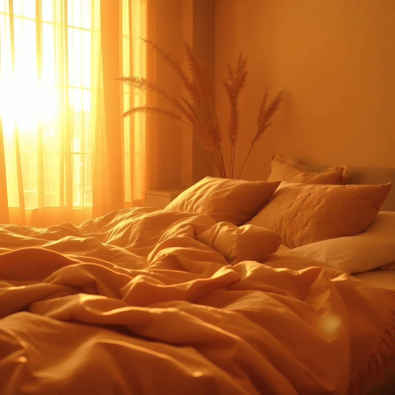 La calda luce del sole filtra attraverso le tende in un'accogliente camera da letto pellicola backlit da DesignDoodle